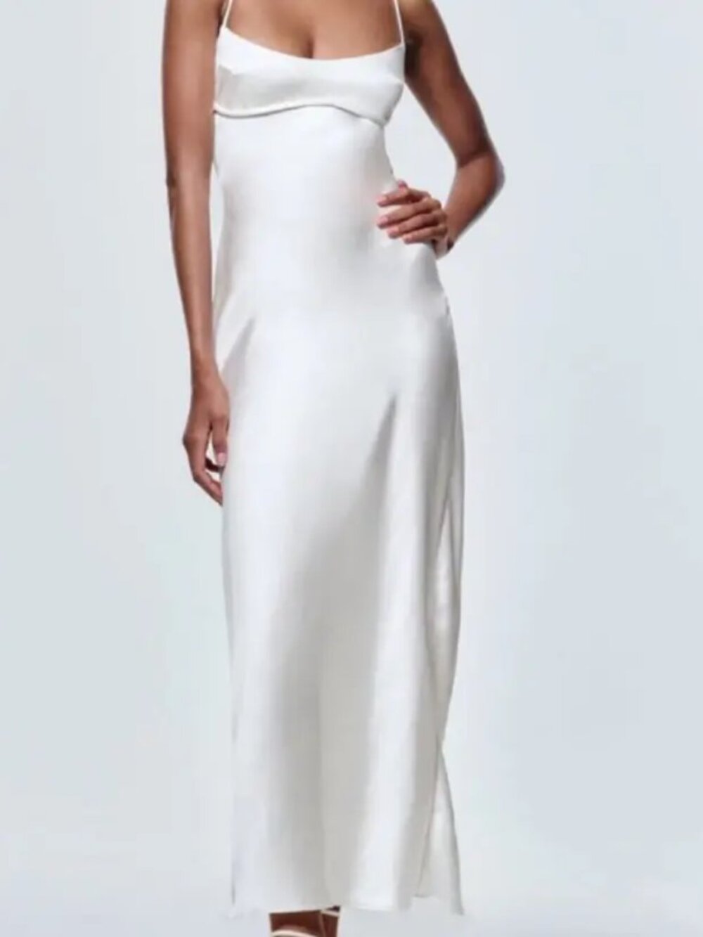 Zara White Satin Slip Dress Adjustable Strap Bust Detail Midi Dress S